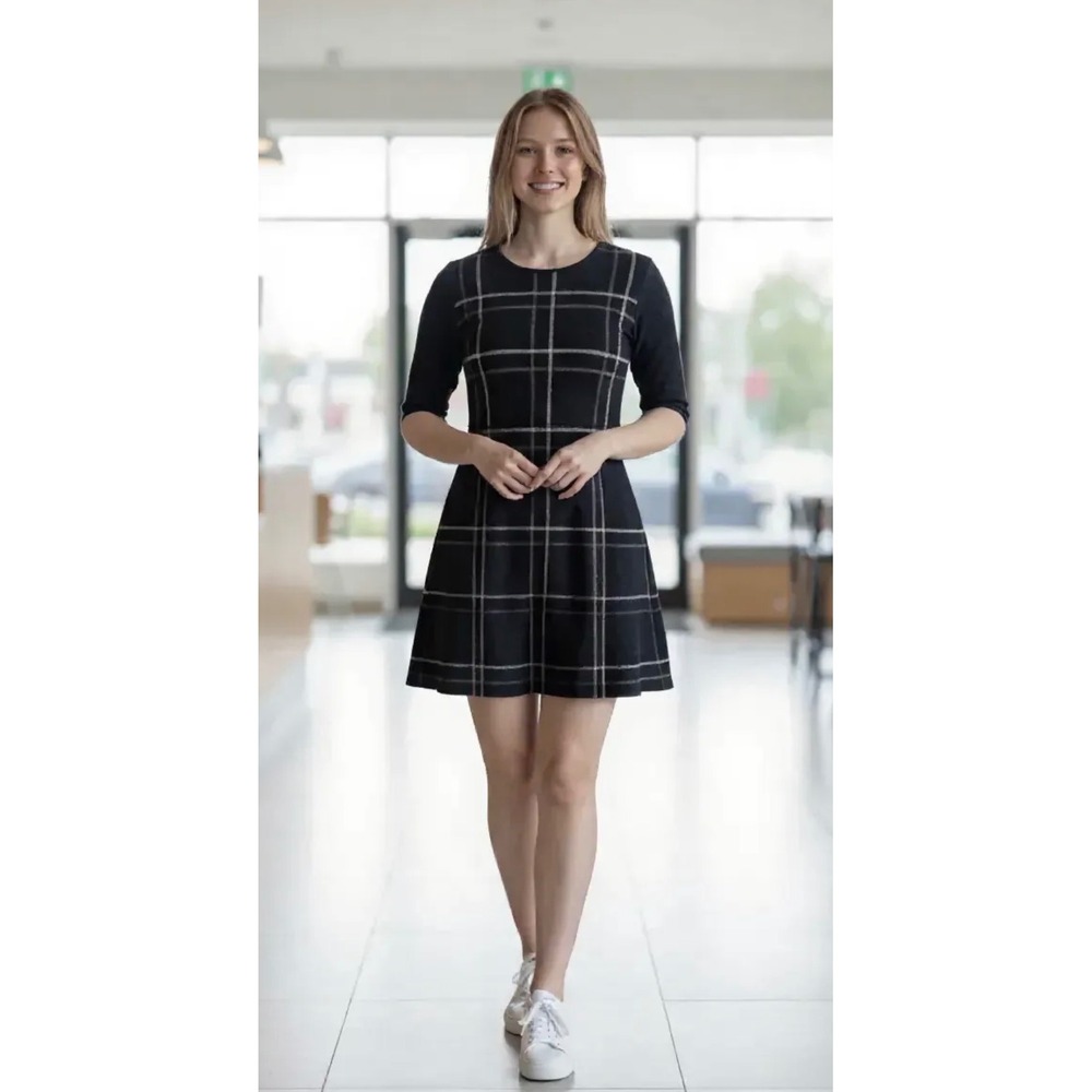 Apricot Women's Black Plaid Fit and Flare Knit Dress Black/Gray US‎ Small
